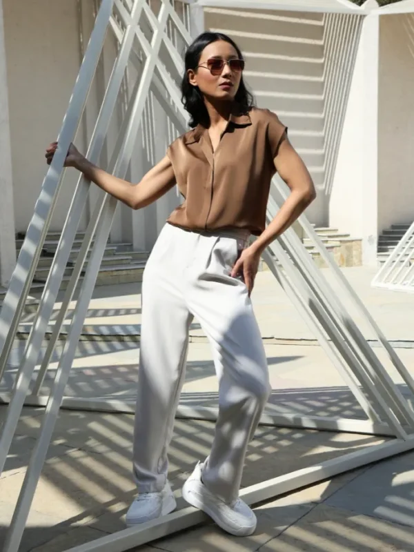 Brown Solid Satin Loose Fit Formal Shirt - Image 3