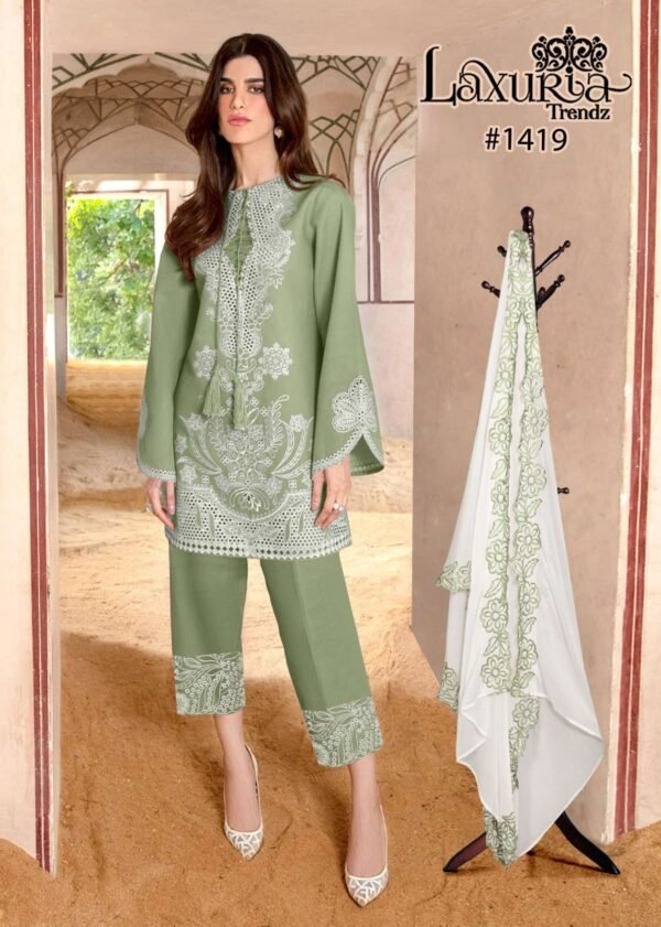 LAXURIA TRENDZ 1419 TUNIC PANTS WITH DUPATTA TOP ZAM COTTON SATIN COORD SET - Image 4