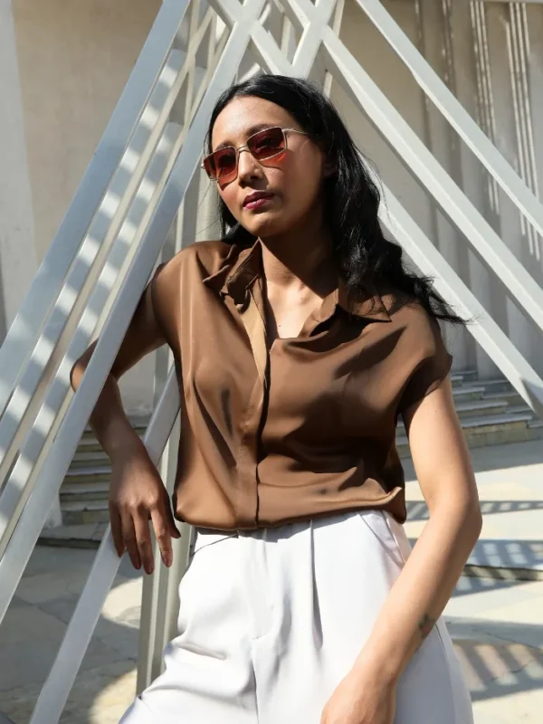 Brown Solid Satin Loose Fit Formal Shirt - Image 2