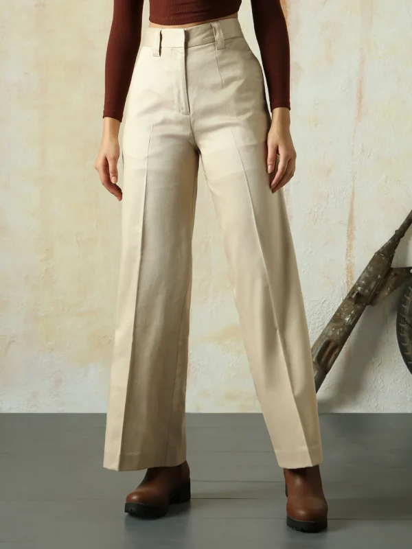 Women Solid Regular Length Wide Leg Trousers - Image 2