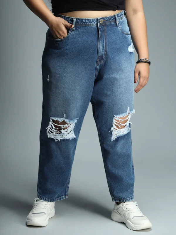 Women Plus Size Mom Fit Mildly Distressed Light Fade Jeans - Image 2
