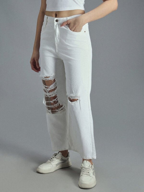 Women 90s Baggy Elasticated Waist Band Distress Cotton Jeans - Image 2