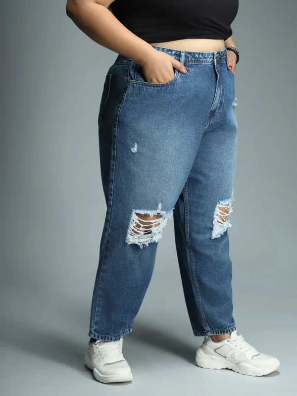 Women Plus Size Mom Fit Mildly Distressed Light Fade Jeans - Image 3