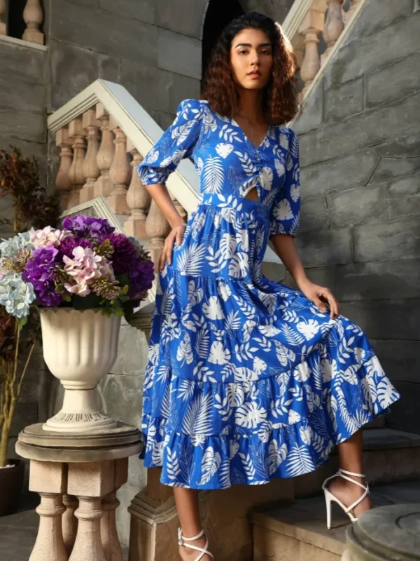 Blue And White Tropical Print Polycotton Fit & Flare Dress - Image 2