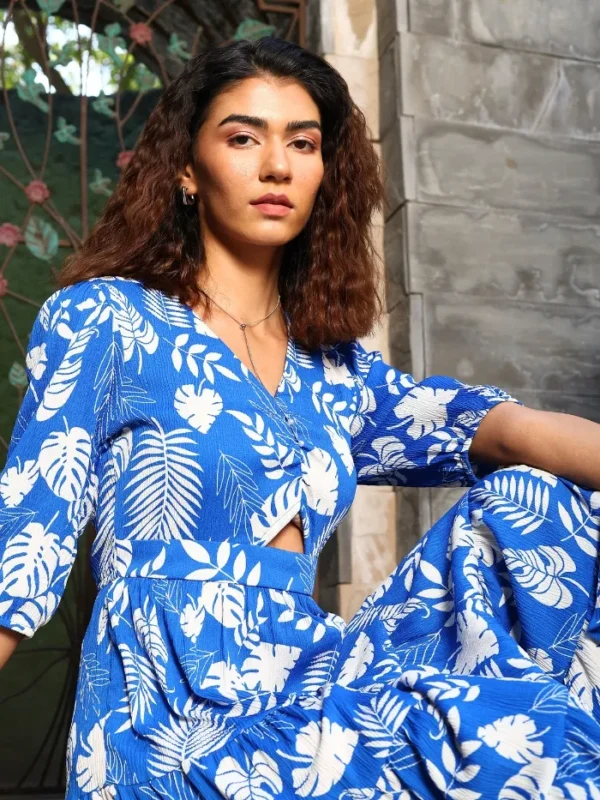 Blue And White Tropical Print Polycotton Fit & Flare Dress - Image 3