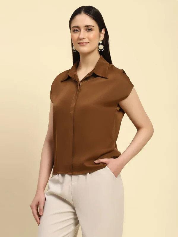 Brown Solid Satin Loose Fit Formal Shirt - Image 5
