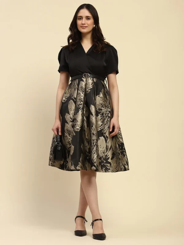 Black Self Design Satin Regular Fit Dress - Image 3