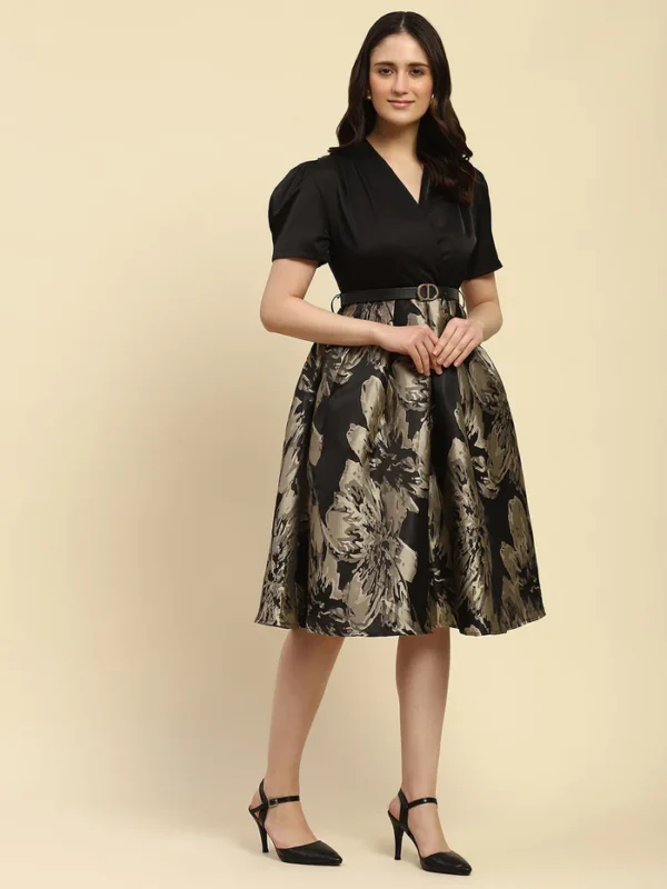 Black Self Design Satin Regular Fit Dress - Image 4