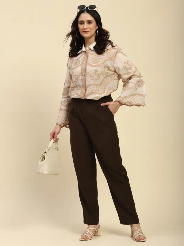 Brown Solid Poly Blend Cigarette Formal Trouser - Image 2