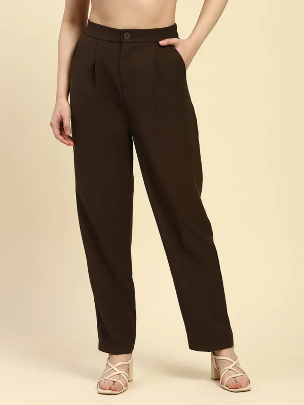 Brown Solid Poly Blend Cigarette Formal Trouser - Image 4