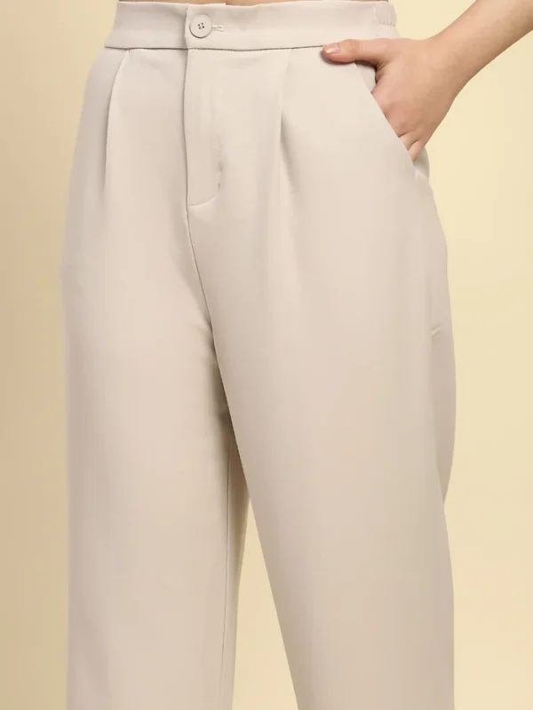 Off White Solid Poly Blend Cigarette Formal Trouser - Image 3