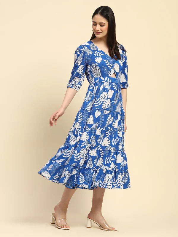 Blue And White Tropical Print Polycotton Fit & Flare Dress - Image 5