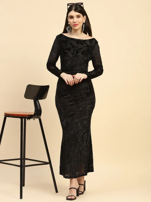Black floral texture Poly Blend Slim Fit Long Dress
