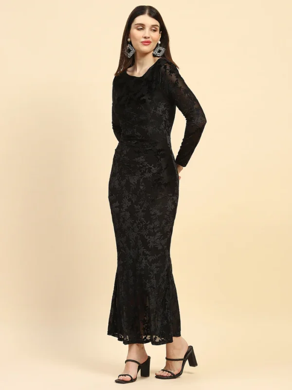 Black floral texture Poly Blend Slim Fit Long Dress - Image 3