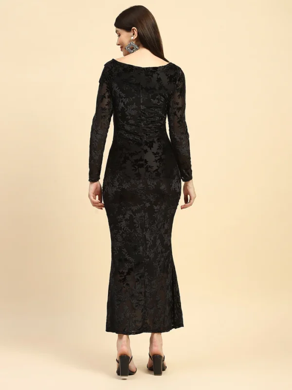 Black floral texture Poly Blend Slim Fit Long Dress - Image 5
